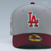 LOS ANGELES DODGERS 50TH ANNIVERSARY "WOLF STORM GRAY INTENSE MAROON" NEW ERA FITTED CAP