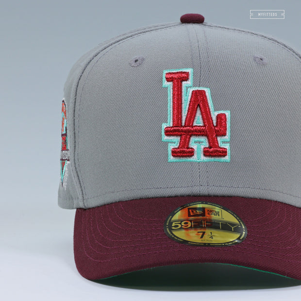 LOS ANGELES DODGERS 50TH ANNIVERSARY "WOLF STORM GRAY INTENSE MAROON" NEW ERA FITTED CAP