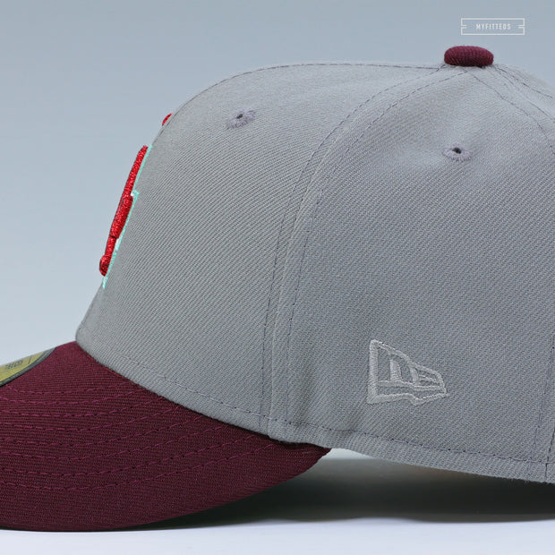LOS ANGELES DODGERS 50TH ANNIVERSARY "WOLF STORM GRAY INTENSE MAROON" NEW ERA FITTED CAP