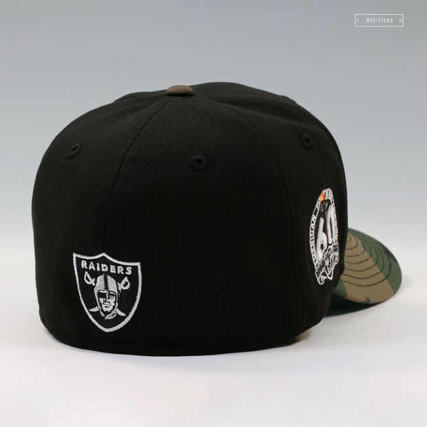 OAKLAND RAIDERS 60TH ANNIVERSARY RETRO SCRIPT GITD WOODLAND CAMO NEW ERA FITTED CAP