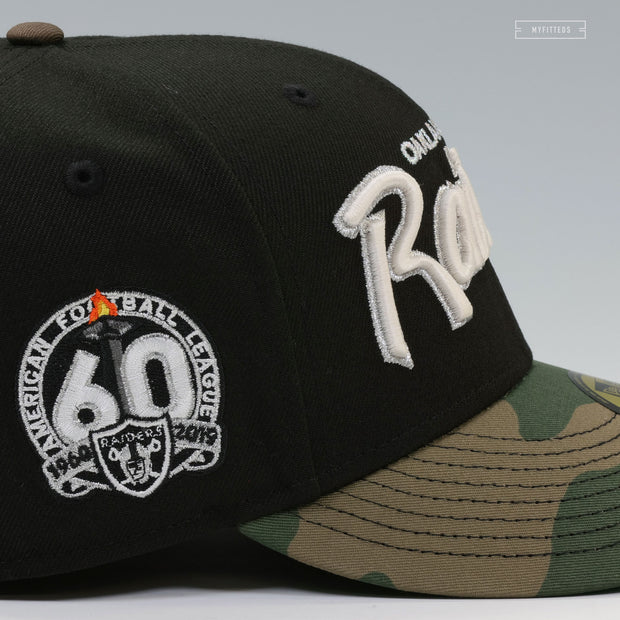 OAKLAND RAIDERS 60TH ANNIVERSARY RETRO SCRIPT GITD WOODLAND CAMO NEW ERA FITTED CAP