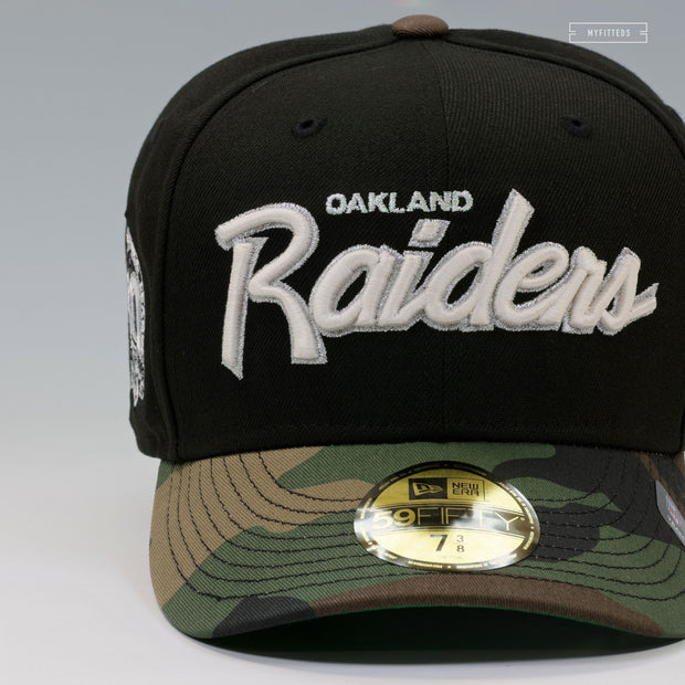 OAKLAND RAIDERS 60TH ANNIVERSARY RETRO SCRIPT GITD WOODLAND CAMO NEW ERA FITTED CAP