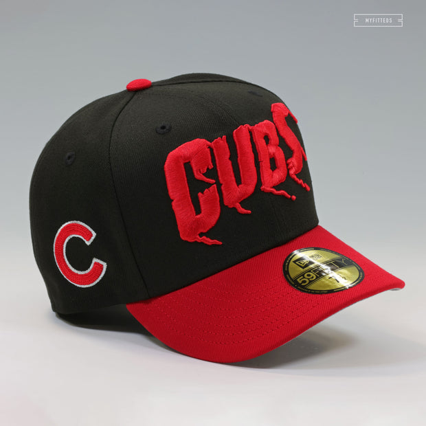 CHICAGO CUBS THE THRILLER BLOODY CUB CHAIN STITCHED JET BLACK SCARLET NEW ERA FITTED CAP