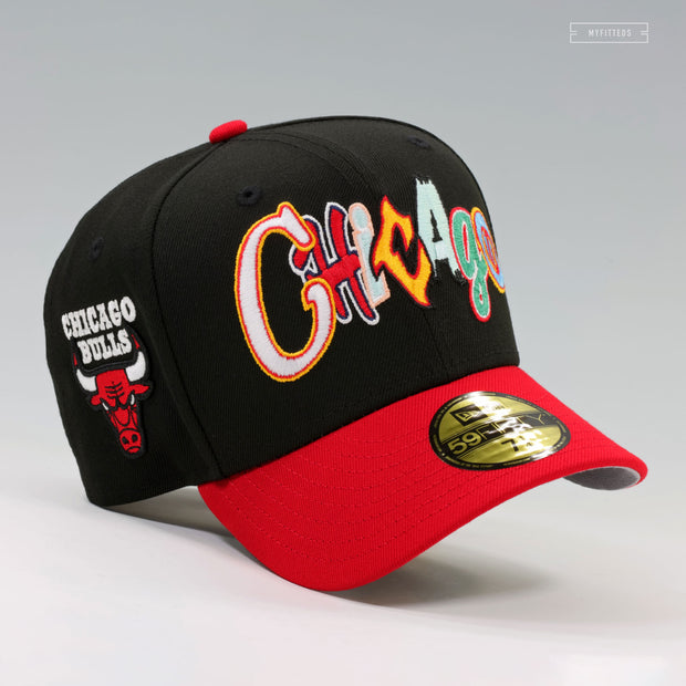 CHICAGO BULLS GRAFFITI 2 TONE JET BLACK SCARLET NEW ERA FITTED CAP