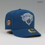 NEW YORK KNICKS THE CITY NEVER SLEEPS STENCIL WEATHERED LOOK NEW ERA FITTED CAP